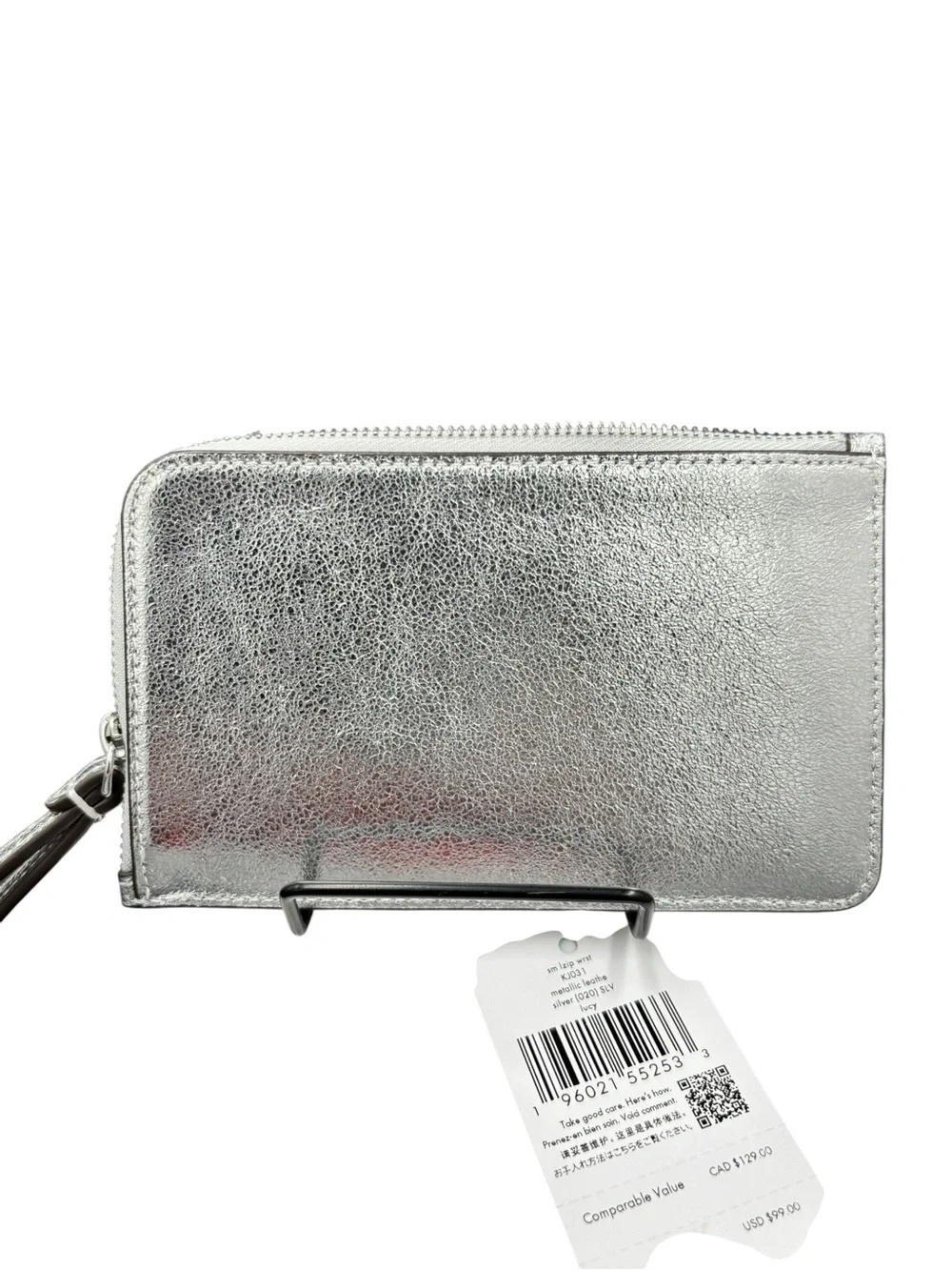 Kate Spade Lucy Metallic Silver Leather Zip Wristlet $99 NWT